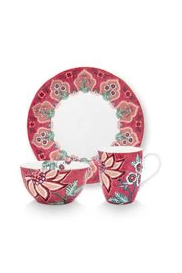 Sets Porseleinen Sets-Pip Studio Flower Festival Ontbijt Set/3 Donker Roze