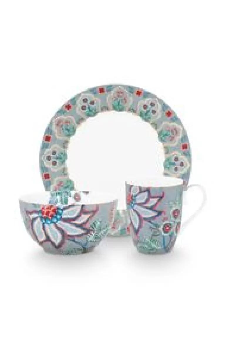 Sets Porseleinen Sets-Pip Studio Flower Festival Ontbijt Set/3 Licht Blauw