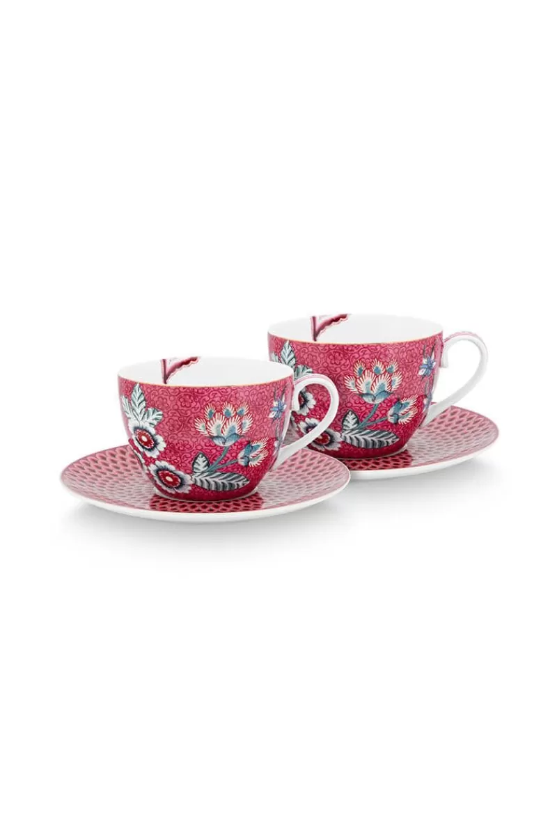 Hot Pip Studio Flower Festival Set/2 Cappuccino Kop & Schotel Donkerroze