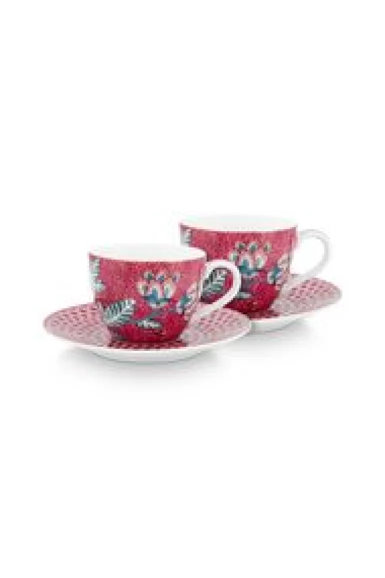 Sets Porseleinen Sets-Pip Studio Flower Festival Set/2 Espresso Kop & Schotel Donker Roze