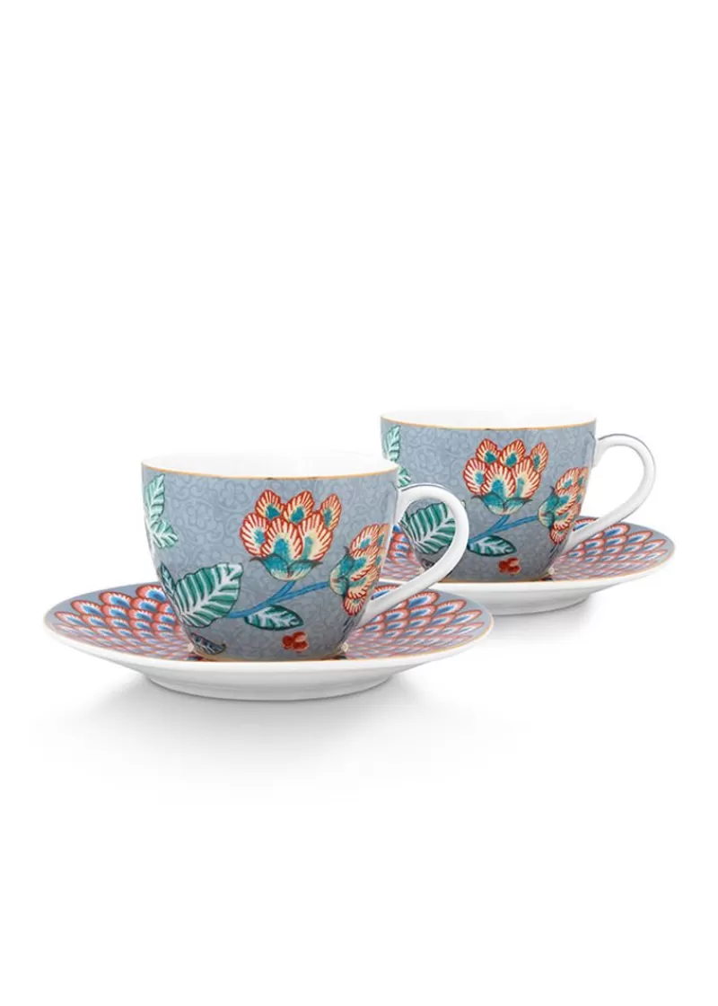 Hot Pip Studio Flower Festival Set/2 Espresso Kop & Schotel Licht Blauw