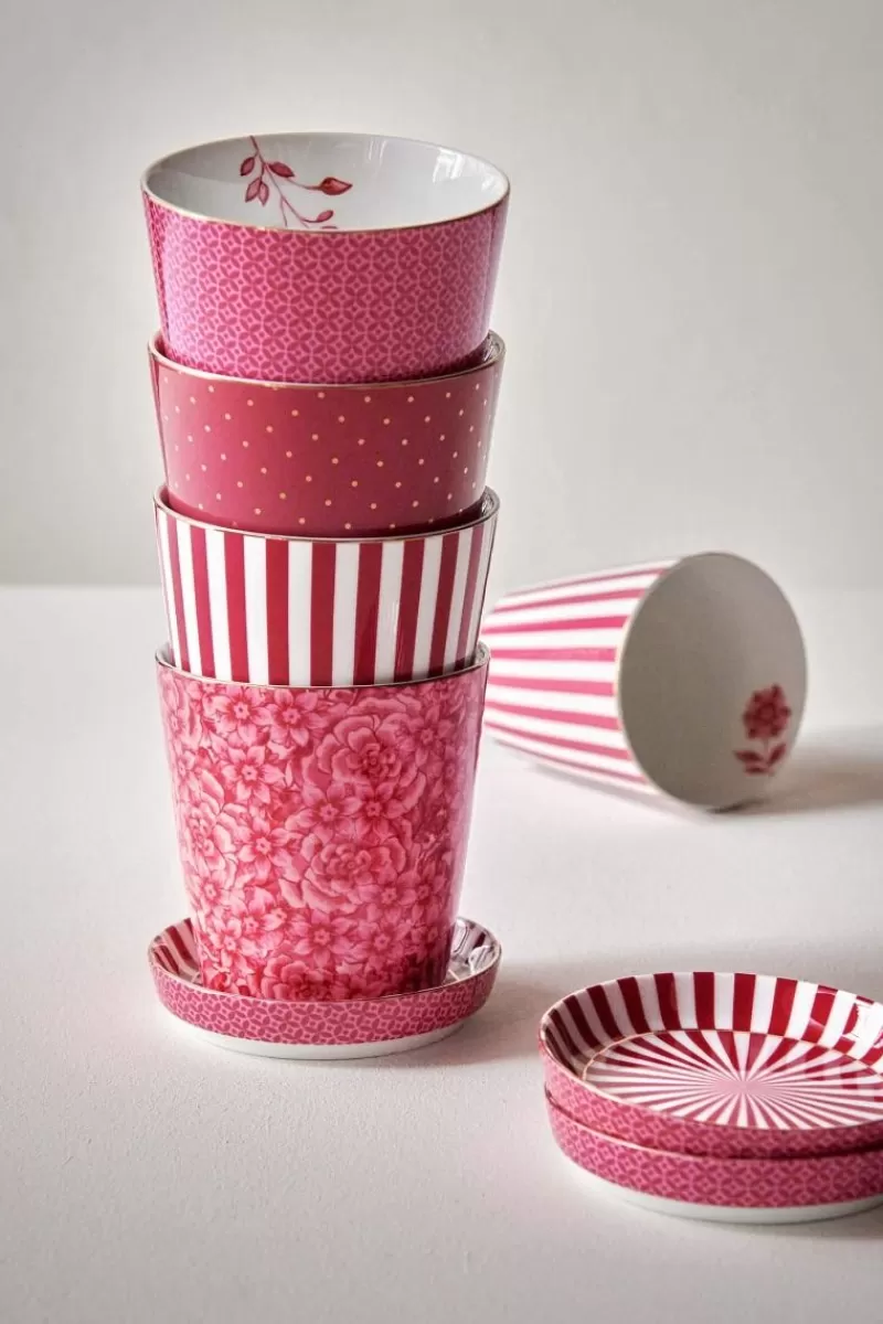 Online Pip Studio Royal Stripes Mok Bloemen & Theetip Donker Roze