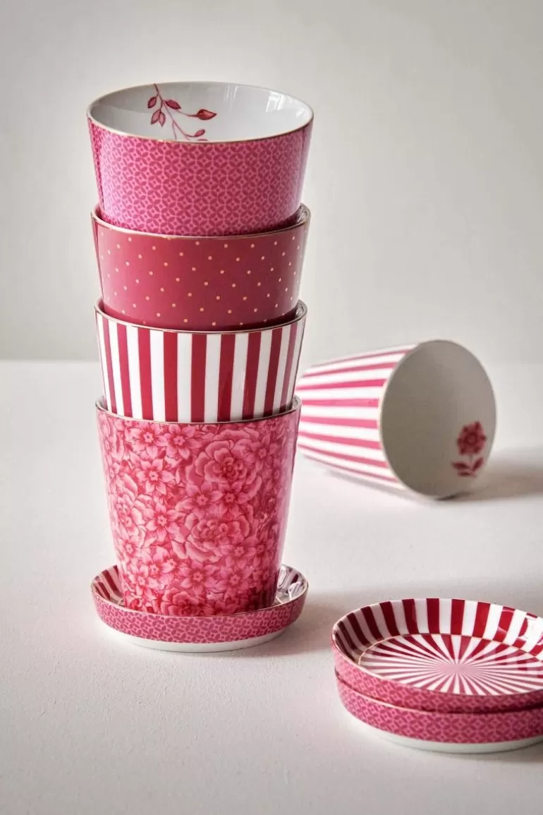 Theemokken-Pip Studio Royal Stripes Mok Bloemen & Theetip Donker Roze